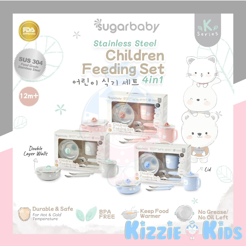 Sugar Baby Stainless Steel CHILDREN LUNCH BOX / BOWL witk LID / CUP with LID / SPOON &amp; FORK Set / Healthy SILICONE FEEDING SET