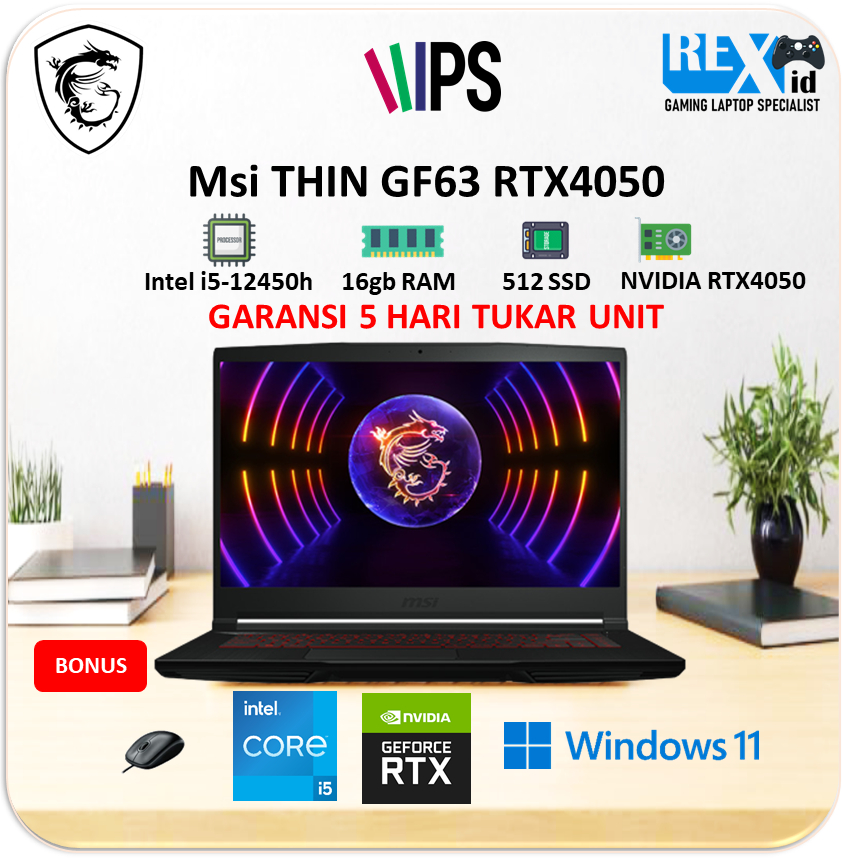 MSI THIN GF63 RTX4050 6GB (i7 12650h 16gb 512ssd W11 15.6inch FHD IPS 144hz BLIT)