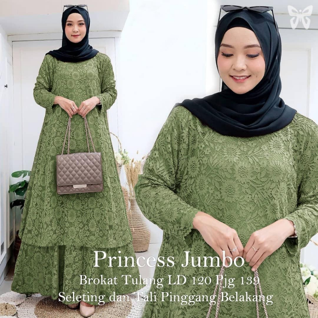 ELDE 5 - Princess Gamis Maxi JUMBO ( L - XL - XXL - XXXL ) Brukat tulang import lapis furing , seleting belakang , ada tali pinggang