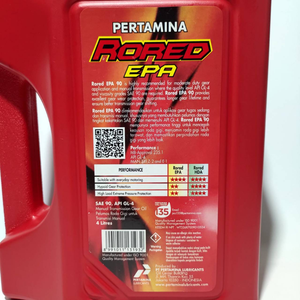 Oli Transmisi Gardan RORED EPA 90 4 Liter Gear Gigi Manual Persneling Perseneleng 4L 4Liter SAE90 SAE-90