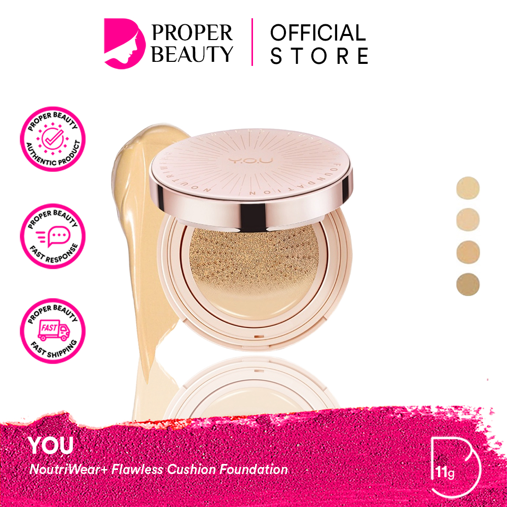 YOU NoutriWear+ Flawless Cushion Foundation Indonesia / 11g / 7 In 1 Perfect Cover All Day Longwear Immortelle C Lock Essence SPF 40 PA+++ / Pink Ivory Medium Beige Yellow Nude / Cosmetic Makeup Face / Y.O.U Series Refill / Lock Mist Powder Concealer TWC