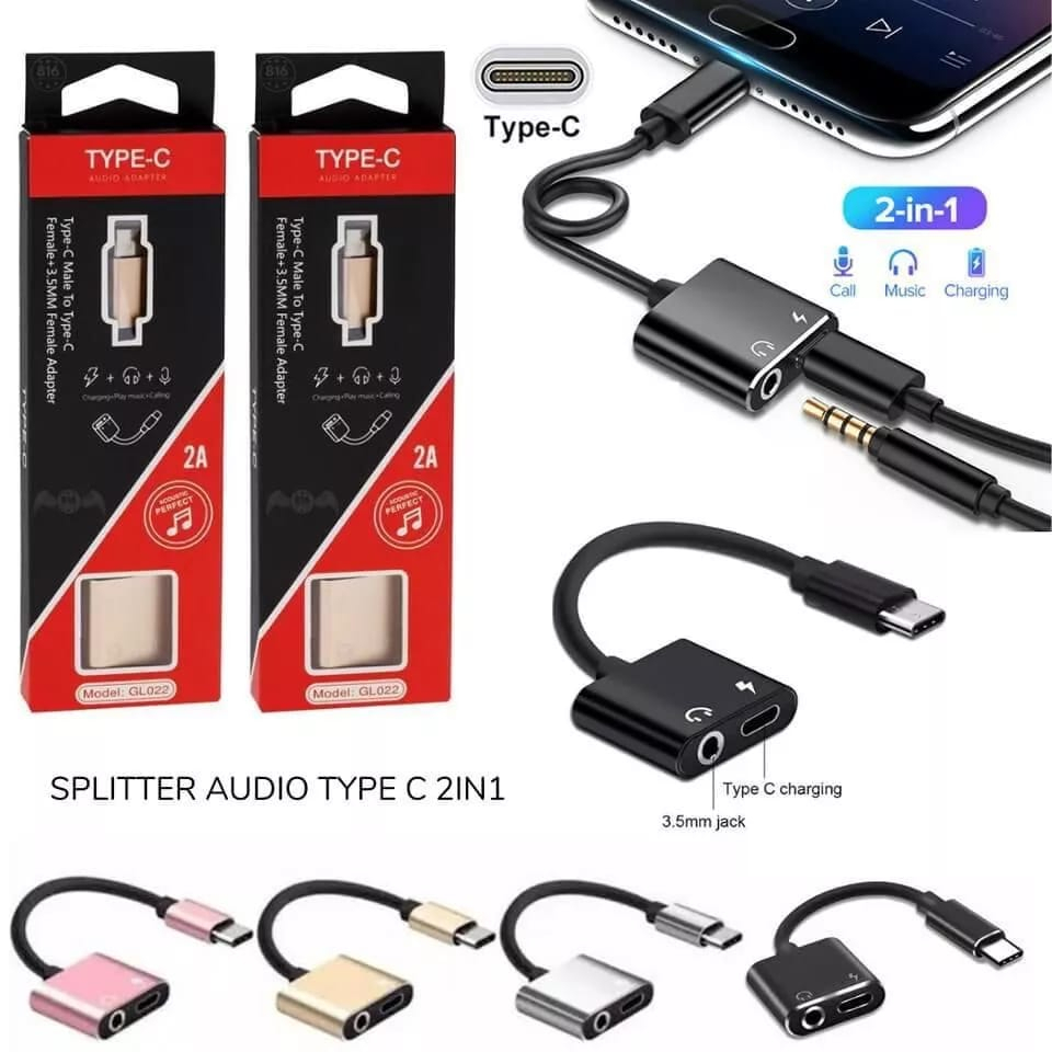 Kabel Audio/ Kabel Converter Splitter QTOP GL 022 Type C Charging Port & Headset Jack Audio 3.5mm