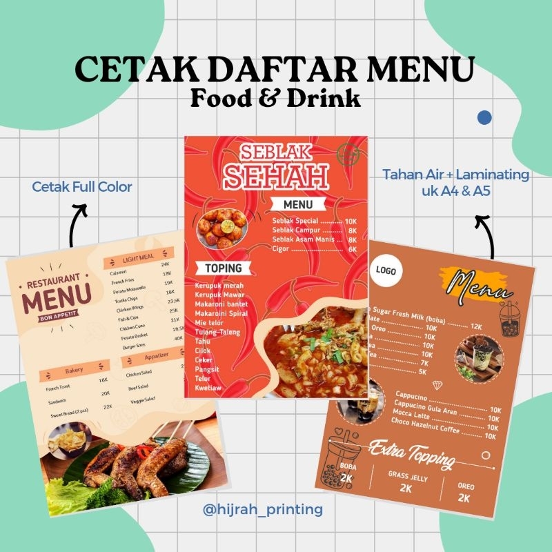 

Cetak Daftar Menu Custom Desain Ukuran A4 & F4 free Laminating