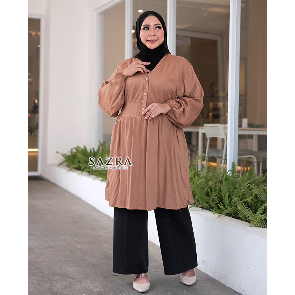 BIGSIZE | XXL 5L LD 120 140 Amora Tunik Karet Pinggang Rayon Twill Polos Bigsize Lengan Panjang Size Jumbo Busui Friendly Original SAZRA