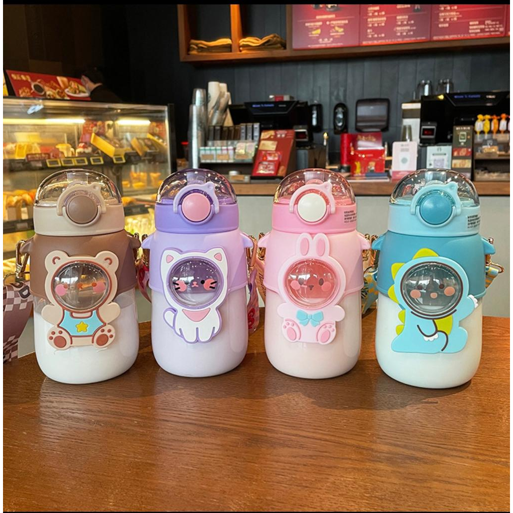 STV botol air minum karaktar 600ml  sedotan dengan tali lucu dan gratis stiker 2 D  3 D