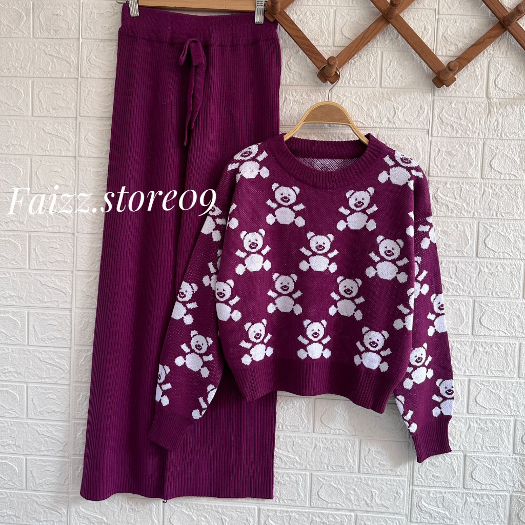 Oneset Sweater Rajut Novaria Motif Panda Setelan Celana Kulot Rajut Premium Wanita