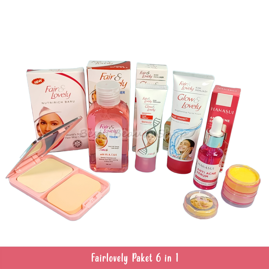 Paket 6 In 1 Fair & Lovely - Bedak - Facial Foam - Pelembab - Cream - Toner dan Serum Anti Acne Hana