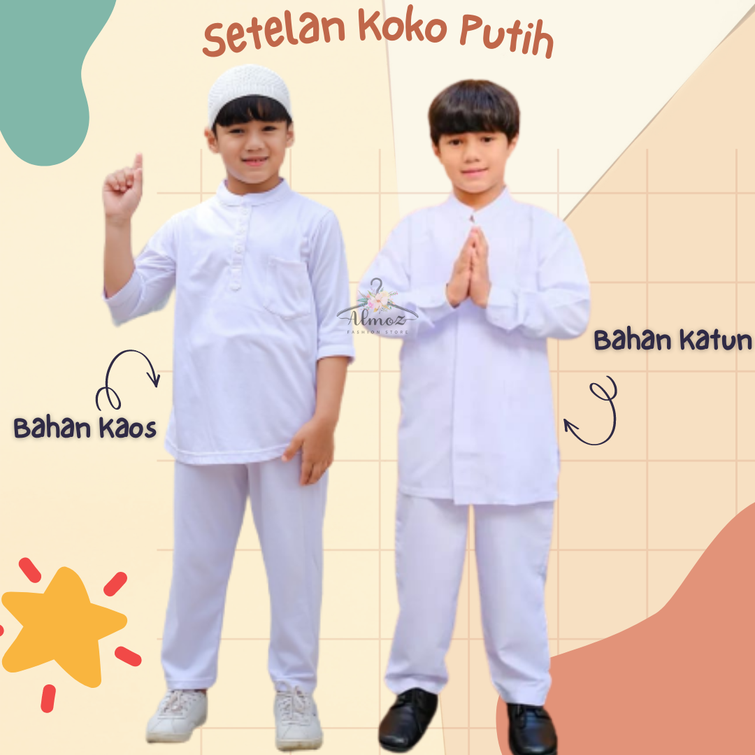 Setelan koko anak putih dan celana Raggakids KR02 free peci