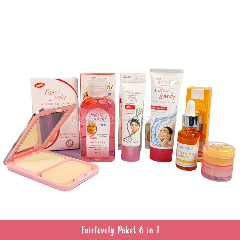 Paket 6 In 1 Fair & Lovely - Bedak - Facial Foam - Pelembab - Cream - Toner dan Serum Vit C Hanasui