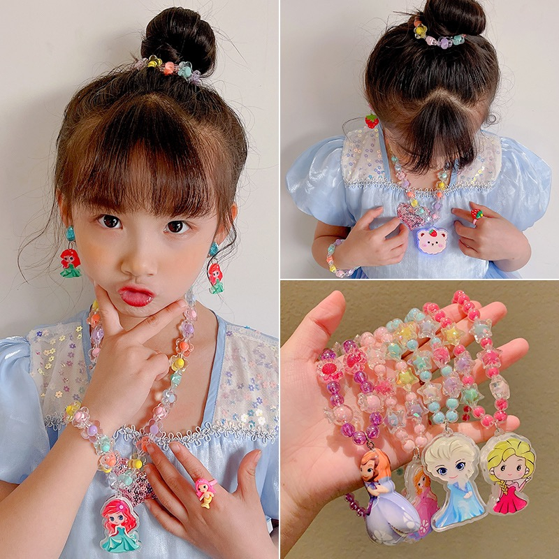 Anak-anak Kalung Set LED+Gelang Mutiara Import Karakter Frozen/Mermaid/Unicorn (Bisa Nyala ada LED)