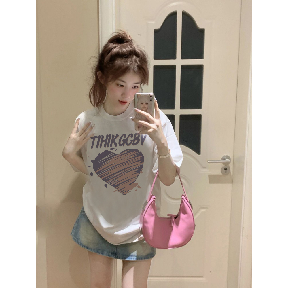 EUNII T-shirt Lengan Pendek Cartoon Pink THINK GCBV Heart Korean Style/Kaos Atasan Wanita/Baju Kaus Oversize Wanita/Kaos Wanita