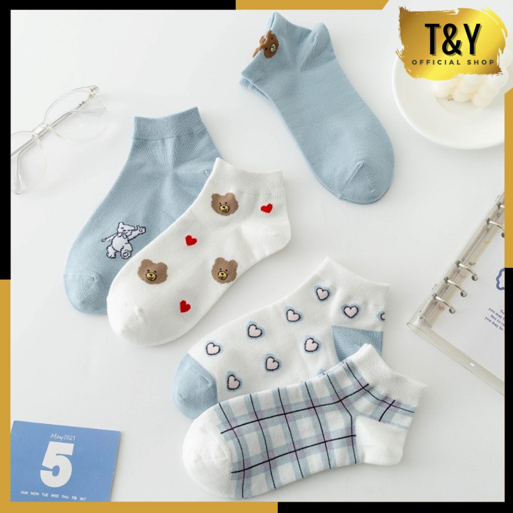 T&amp;Y Kaos Kaki Wanita Pendek Putih Biru Bear Love 6772 Socks unisex Semata Kaki Warna Kaus Kaki Ankle Mata Kaki Sarung Kaki Low Socks Ala Korea Dibawah Mata Kaki Import Murah