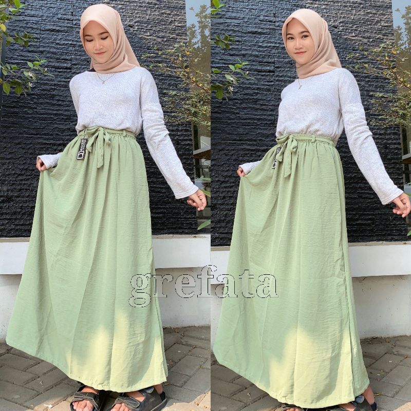 Rok A-Line Crinkle Airflow Premium Pinggang Tali Sabuk / Anrok Crincle Model Lebar Terbaru Kekinian Size Reguler Standar Jumbo Bb 45kg Sampai Bb 75kg / Rok Onder Wanita Murah Bagus Berkualitas / Grefata