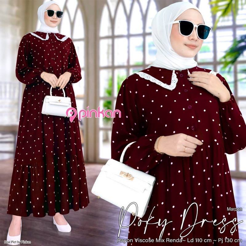 Gamis Wanita Muslim Kekinian Terbaru Bahan Rayon Premium Motif Polkadot-Poky Maxi Maroon