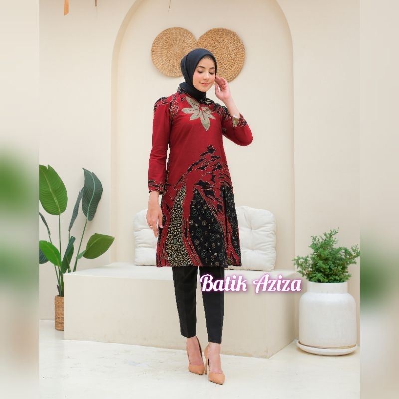 Tunik Batik Modern Wanita Lengan Panjang Model Puffy Tunik Mustika by Batik Aziza