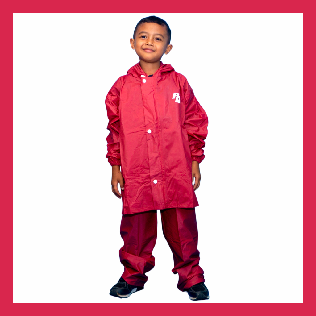 R&amp;A - Jas Hujan Setelan Anak SD / Mantel Anak Laki laki Perempuan / Raincoat Bahan PVC NYLON Merah Premium