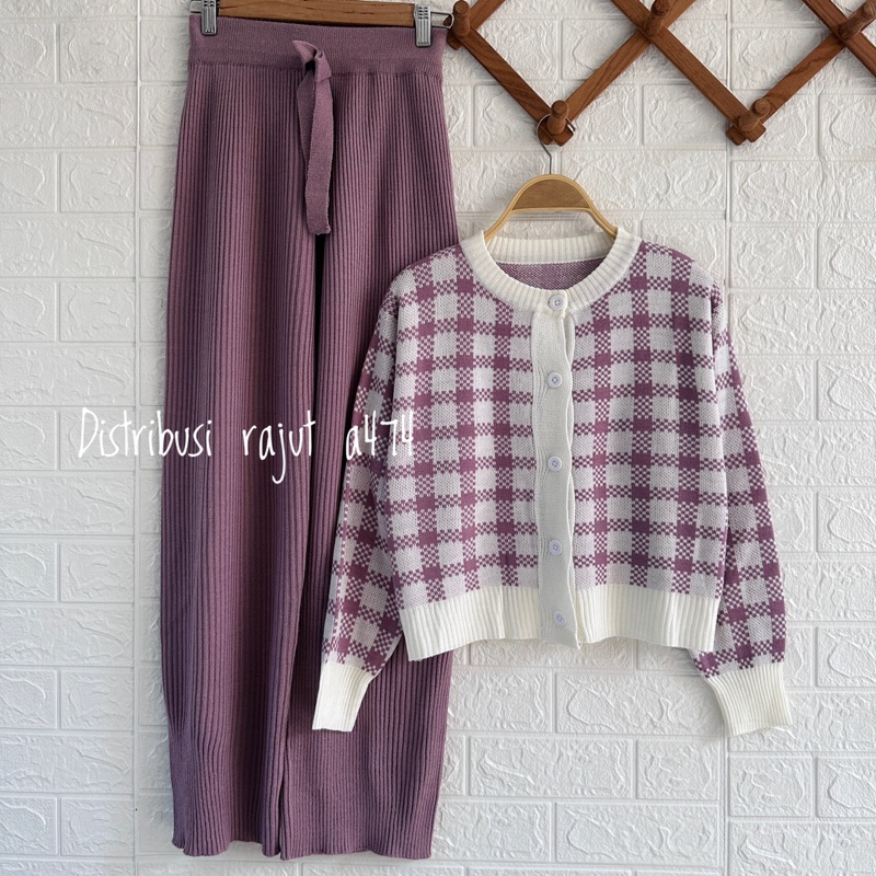 ONESET CARDI CROP MAY SETELAN CELANA RAJUT KULOT WANITA