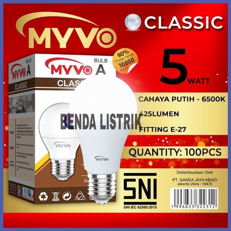 Lampu Led Bohlam Myvo Classic 5 Watt - Led 5w Classic Myvo - Led 5W Classic Myvo Garansi 1 Tahun