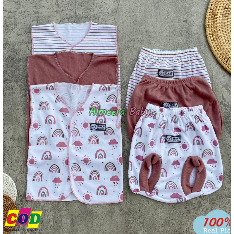 Isi 6 PCS Baju Celana Bayi / 3 Setel Baju Lengan Kutung Celanan POP Usia 0-3 Bulan Seri Dusty Pink Almeera Baby and Kids
