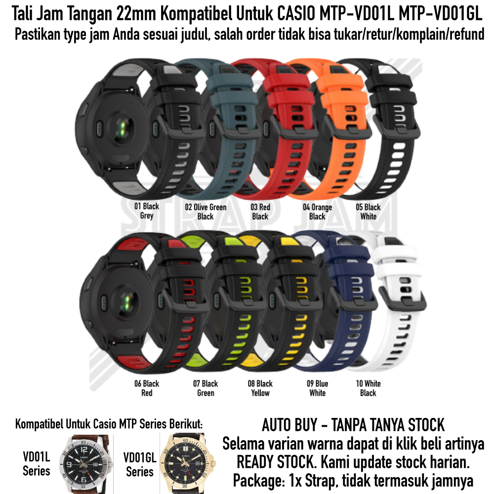 TTC 22mm Tali Jam Casio MTP-VD01L VD01GL - Strap Olahraga Silikon Sporty Two Tone Quick Release