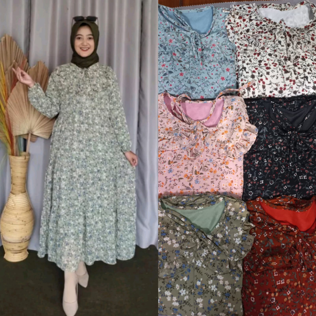 Ceruty Midi Dress Motif Bunga || Dress Kerah Rempel || Midi Dress Ceruty