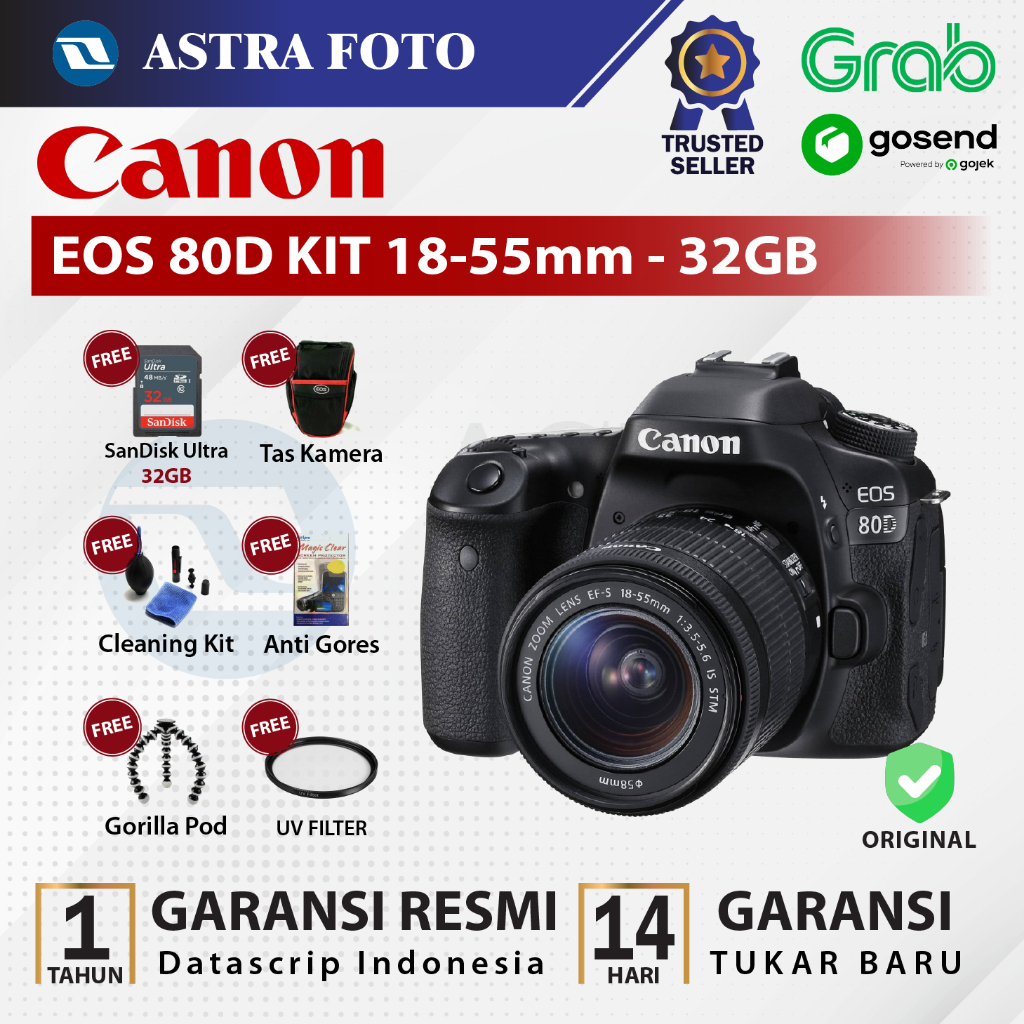CANON EOS 80D KIT 18-55mm IS STM PAKET 32GB GARANSI RESMI KAMERA DSLR