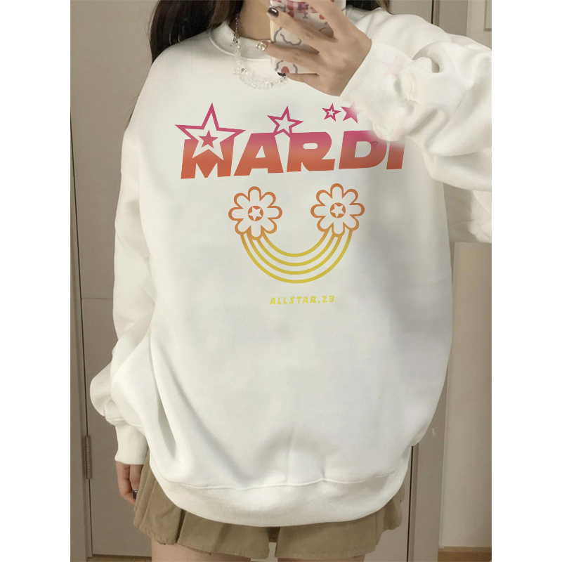 EUNII Sweater Lengan Panjang Cartoon Colorful Mardi Printing Korean Style/Sweater Crop/Baju Wanita/Switer Wanita/Switer