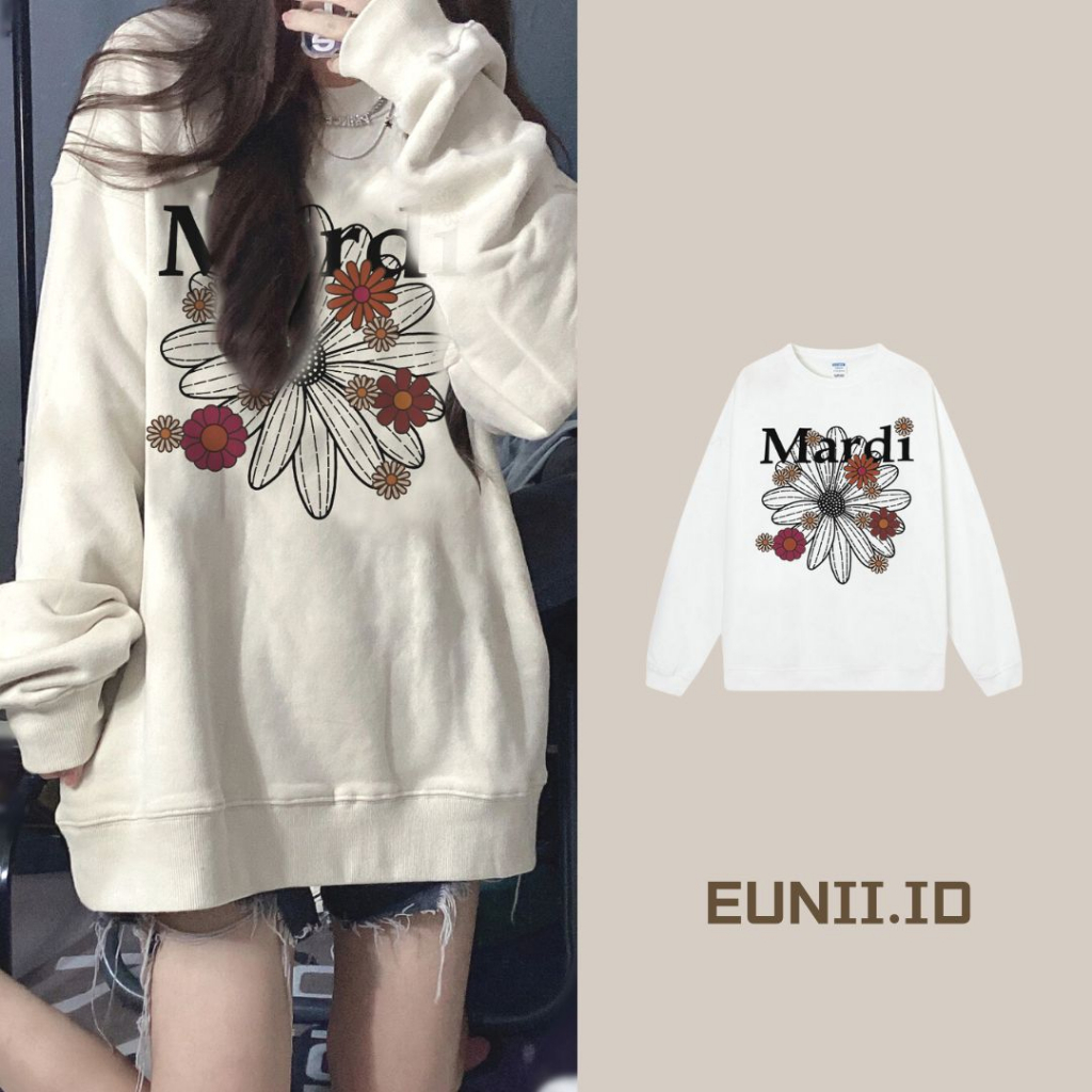 EUNII Sweater Lengan Panjang Cartoon Daisy Flower Printing Korean Style/Sweater Crop/Baju Wanita/Switer Wanita/Switer