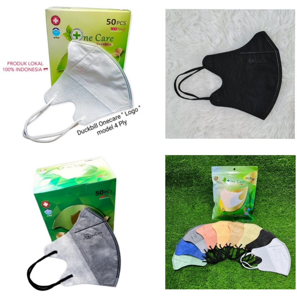 Masker Duckbill One Care 4ply isi 50pcs Putih Hitam Abu Abu Mix Warna Warni Emboss Earloop Tebal Dew