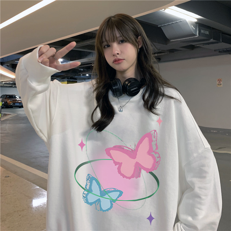 XiaoZhaiNv Korean Style Butterfly Pattern Lengan Panjang Baju Sweater Wanita A0546