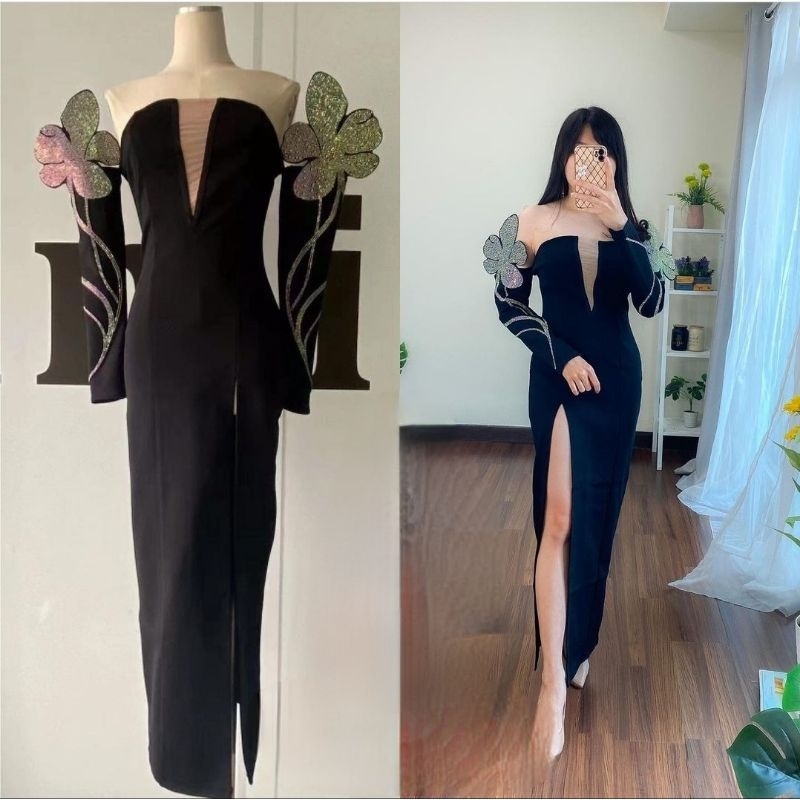 dress 3d flower cut off ubik slit dress hitam black long sleeve dress tangan panjang eropa europe eu