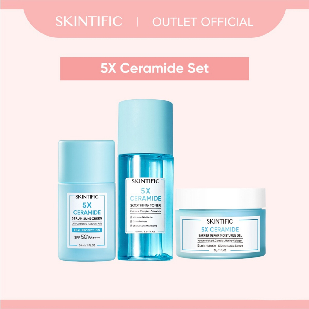 【Skintific Outlet Official】SKINTIFIC 5X Ceramide Serum Sunscreen set Moisturizer Cream + Sunscreen + Soothing Toner Skin Barrier  for All Skin Types Day and Night Skincare Packet