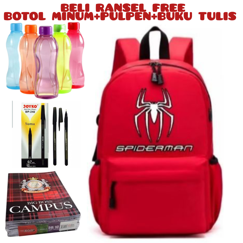 DT_123_Beli 1 Dapat 4- Tas sekolah spiderman anak laki-laki anak perempuan back pack sekolah anak tk sd_Beli Ransel Free Botol Minum+Pulpen+Buku Tulis