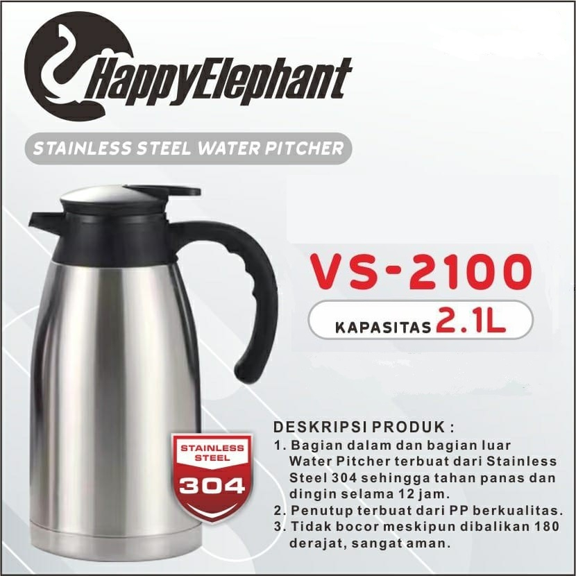 HappyElephant Water Pitcher Vacuum Termos Air Stainless Steel 2.1 Liter