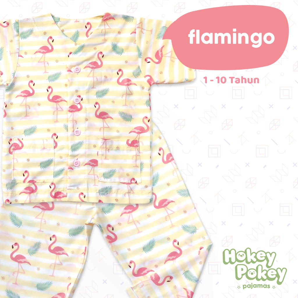 Setelan Baju Tidur Piyama Anak Perempuan Tanpa Kerah Motif Flamingo