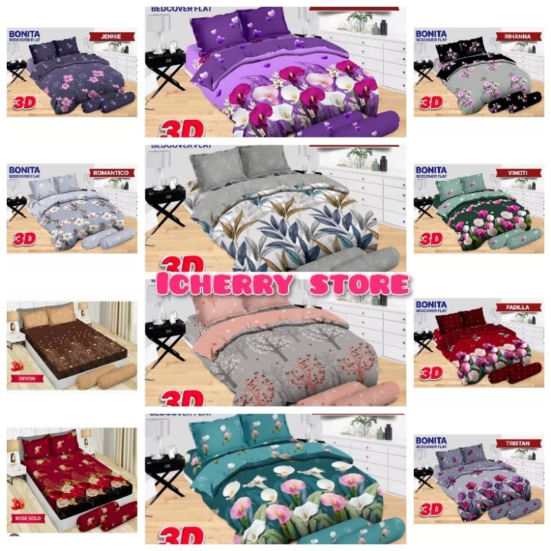 5in1 Full Set Bedcover + Sprei Bonita 3D Rumbai Karet King 180x200 Queen 160x200 Motif Lydia Romanti