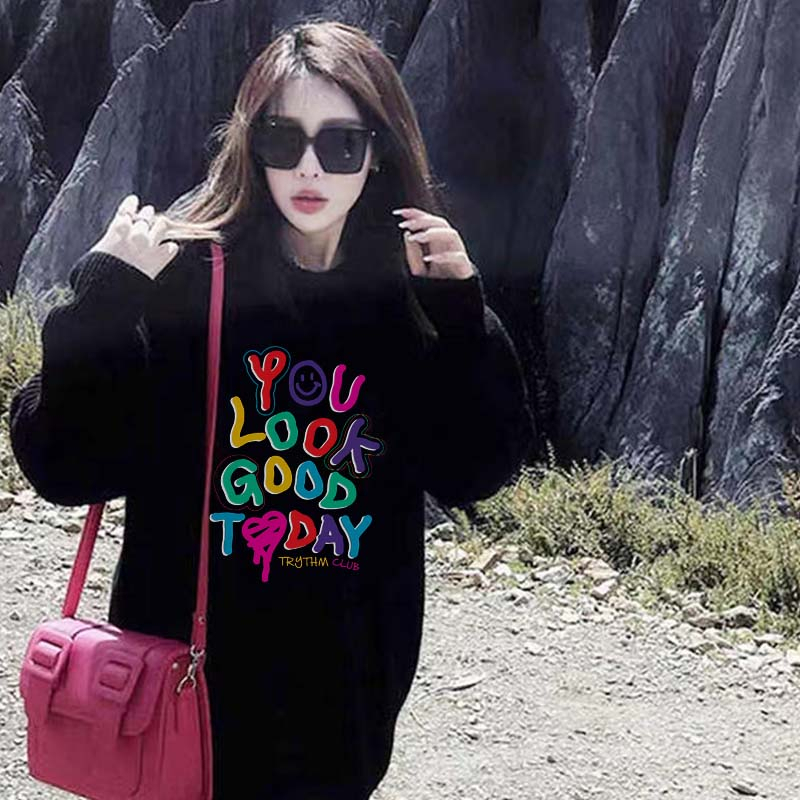 Kaos Stasan Wanita Oversize Couple Sweater American Vintage Letter Cartoon Graphic Priting Top Kekinian Casual Sweater