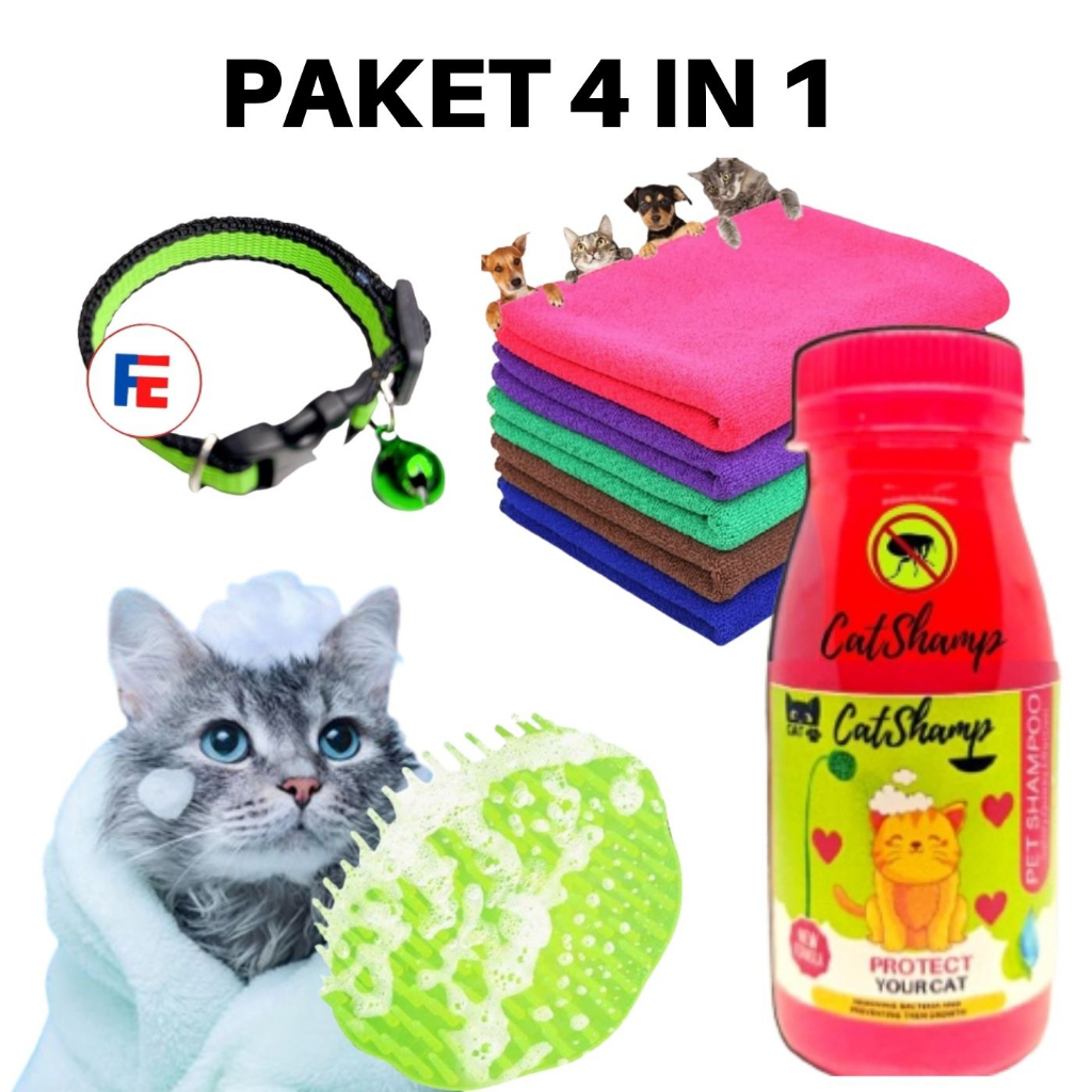 Paket Mandi Kucing Dapat Handuk, Shampo, Sisir Free Kalung kucing FEFARM