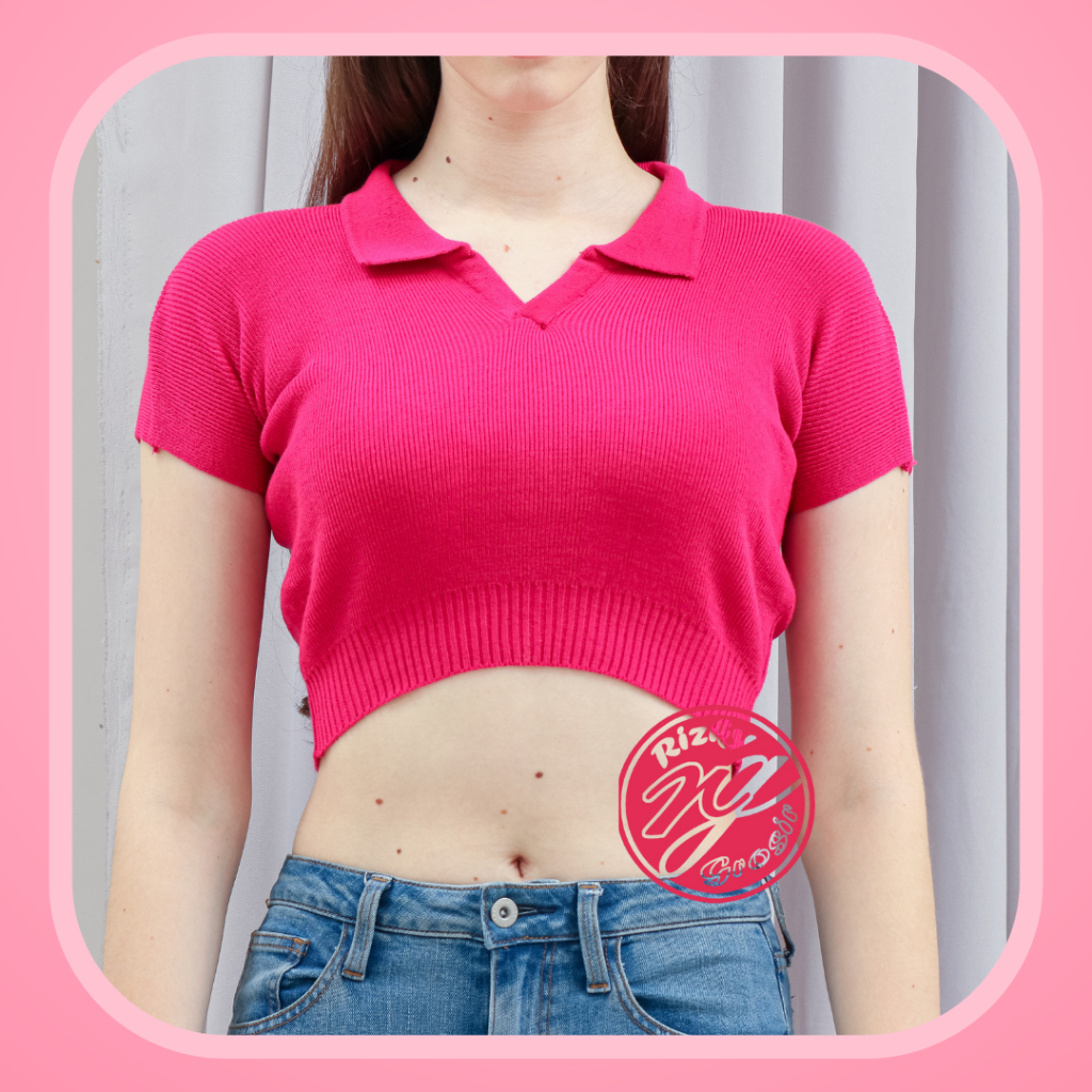 Rizky_grosir20 Collar crop sweater knit atasan premium