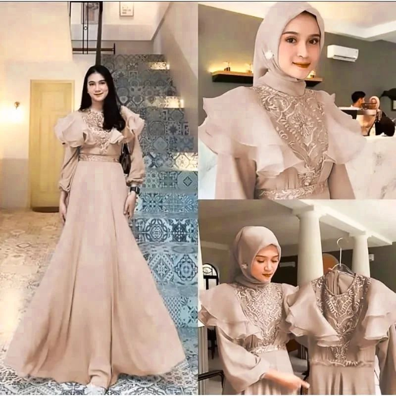 Baju Dress Kondangan Wanita Muslimah 2023 Meghan Dress Luxury Premium Full Puring Gamis Brukat Organza Mewah Gaun Pesta Maxi Muslim Wanita Fasshion Pakaian Wanita