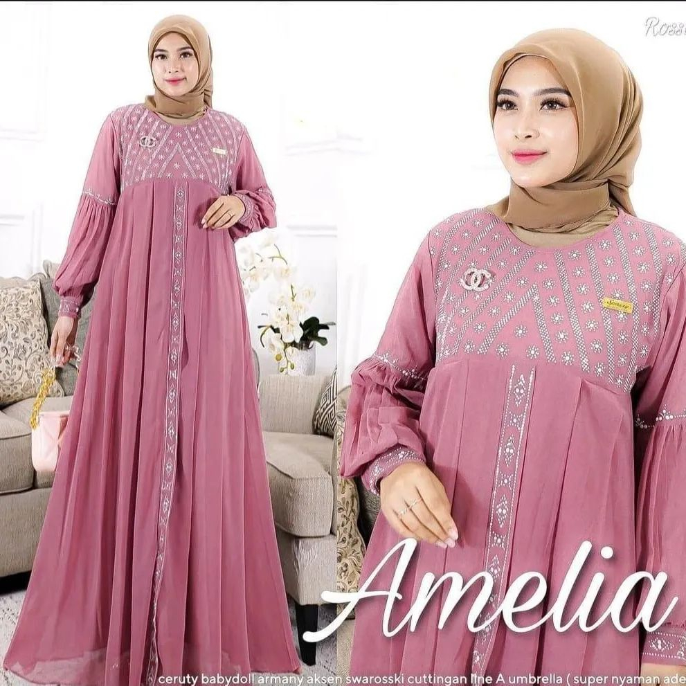 Baju Kondangan Wanita Kekinian Amelia Dress Gamis Dewasa Ceruty Babydoll Aplikasi Swaroski Dress Kondangan Muslim Wanita