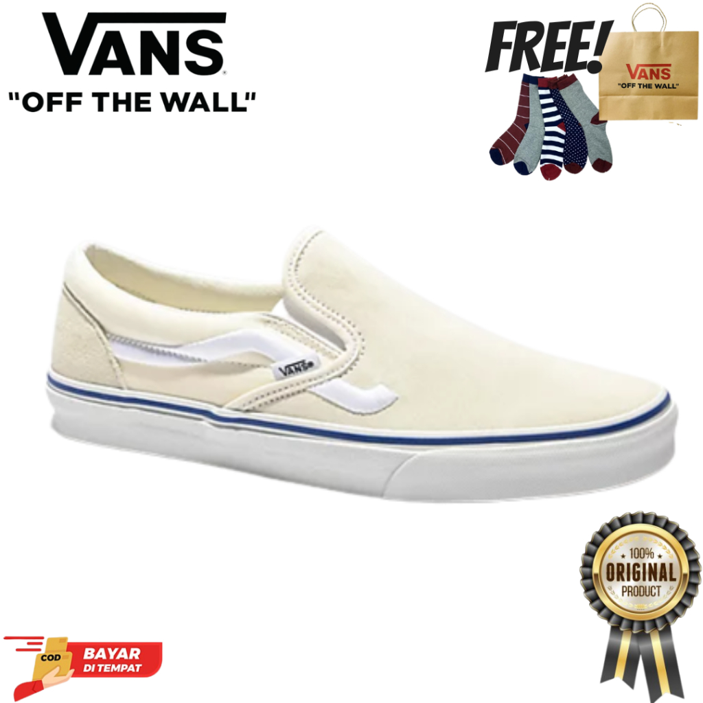 SALE DISKON! VANS SLIP-ON SIDE STRIPE WHITE 100% ORIGINAL BNIB