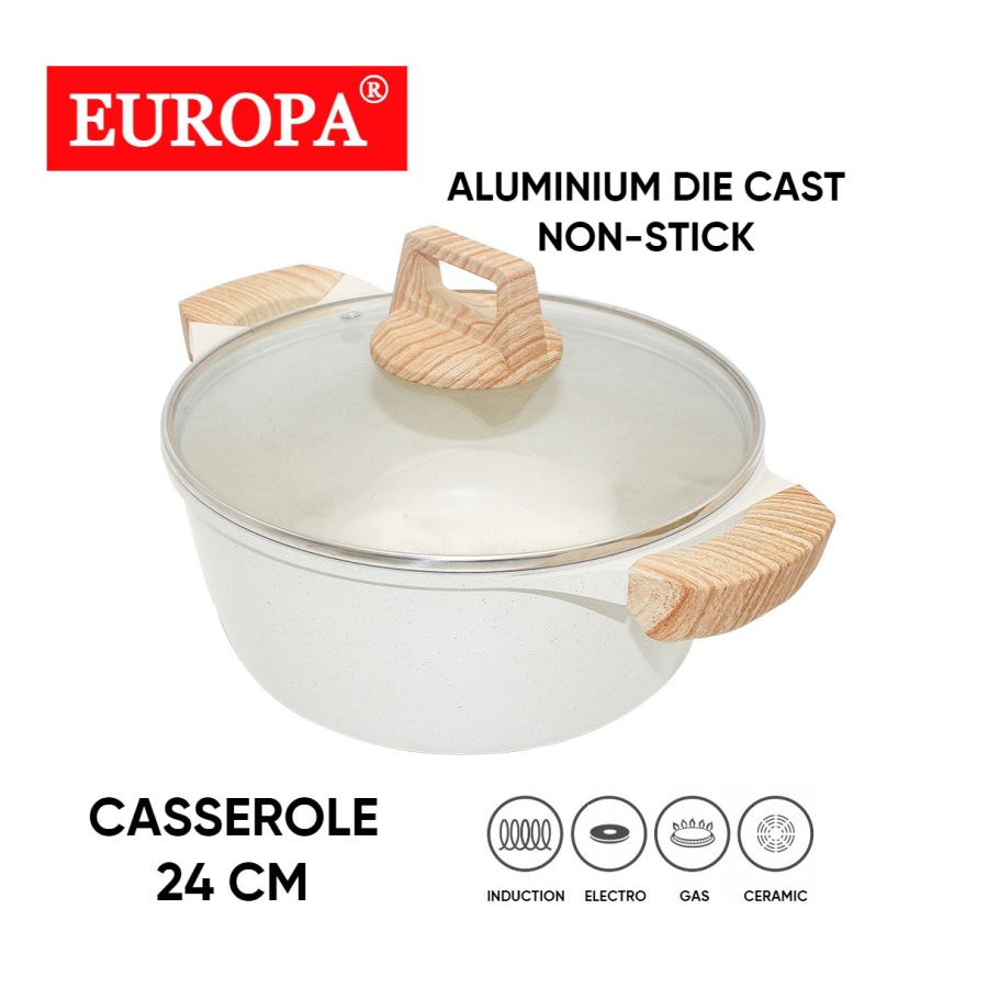 Europa Casserole Cookware Panci Marble Coating 24 cm Glass Lid