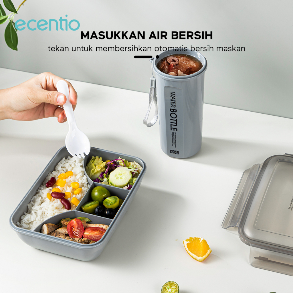 ecentio &amp; FOODI 4 Sekat Grid 1100ml Kotak Makan Set anak dan 500ml botol/Lunch Box Set 4 Grid Kotak Bekal Makan Botol Minum Free Sendok Tempat Makanan anak kecil BPA free