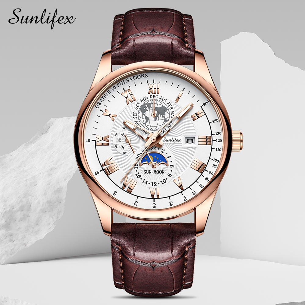 SUNLIFEX Jam Tangan Pria Kulit Anti Air Original Fashion Multifunction Chronograph Analog Jam Tangan Cowok