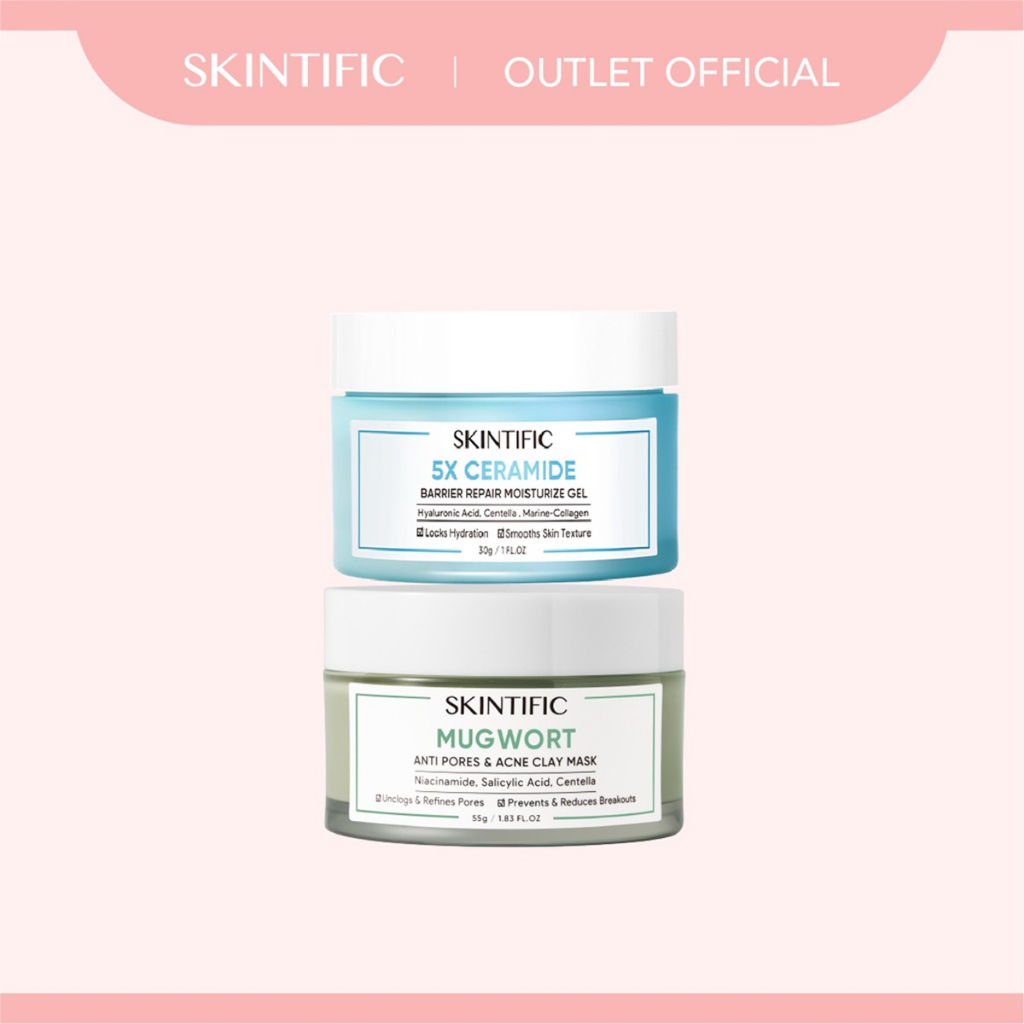 【Skintific Outlet Official】SKINTIFIC Acne  Barrier Paket Skincare with 5x Ceramide Moisturizer Cream Pelembab Wajah + Mugwort Mask Anti Acne Mud Mask Masker Wajah【BPOM】