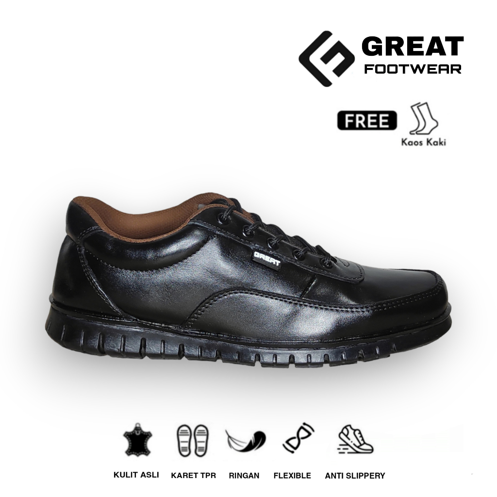 GREAT FOOTWEAR Sepatu Sneakers Pria Kulit Asli Sepatu Kerja Kantor Pria Sepatu Oxford Pria Kasual Formal Anti Licin Kozy Black