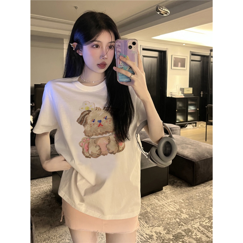 EUNII T-shirt Lengan Pendek Cartoon Oil Painting Dog Korean Style/Kaos Atasan Wanita/Baju Kaus Oversize Wanita/Kaos Wanita