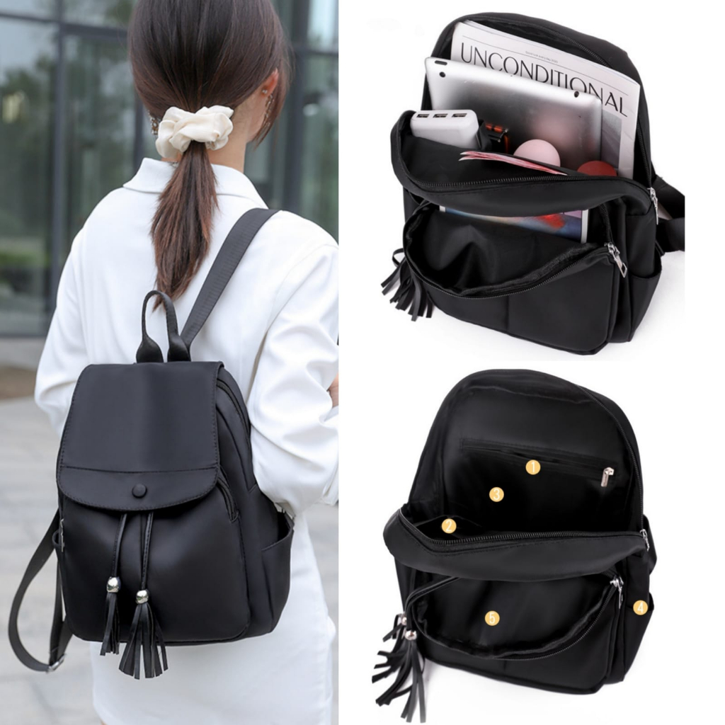 TAS RANSEL WANITA ANTI AIR IMPORT NILON PREMIUM CEWEK KULIAH BACKPACK KEKINIAN KOREA GENDONG PUNGGUNG SEKOLAH KERJA HITAM FASHION REMAJA SIMPLE LUCU BRANDED BATAM MURAH EMIKO TA821B5