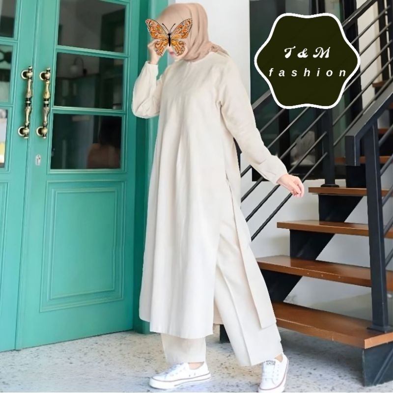 T &amp; M Fashion Tunik Set Celana HANNA Baju Wanita Gaya Santai Harian Wanita Muslim Warna Cream Millo Kuning Navy Dusty Army Maroon Putih